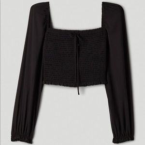 Aritzia Wilfred Black Cropped Smocked Saga Blouse Longsleeve